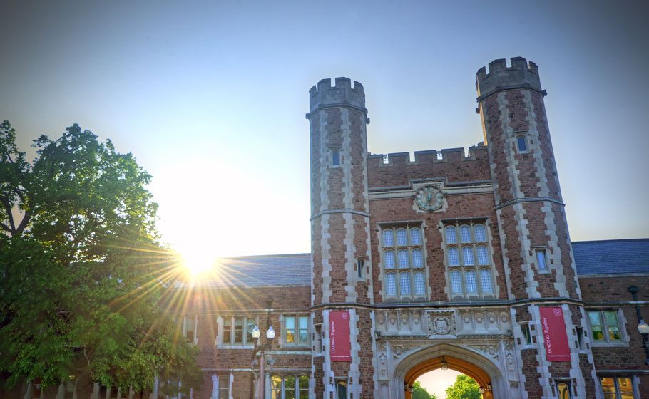 Brookings Hall with Leading Together campaign banners on display