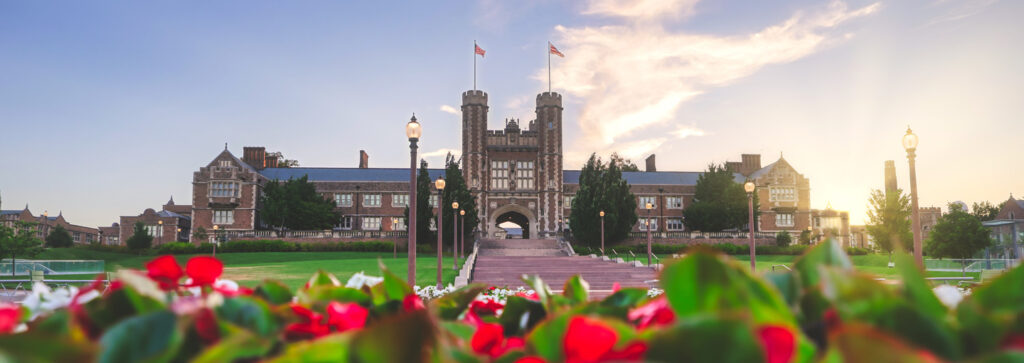 Brookings Hall with red tulips